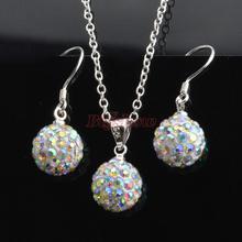 925 silver jewelry Hot sale 10mm CZ crystal shamballa set drop earrings pendant necklaces 24 colors