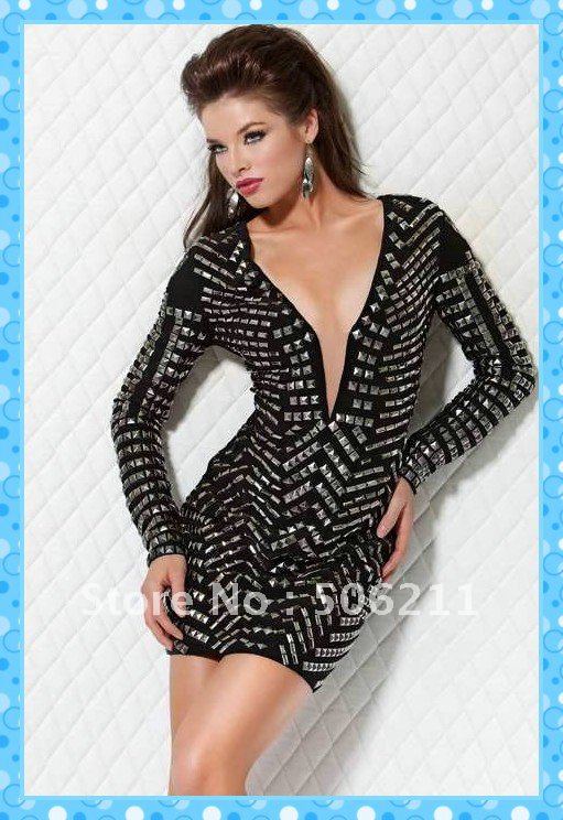 Sexy Black Low Cut V Neck Long Sleeves Cocktail Dresses Womans Casual Dresses In Cocktail 