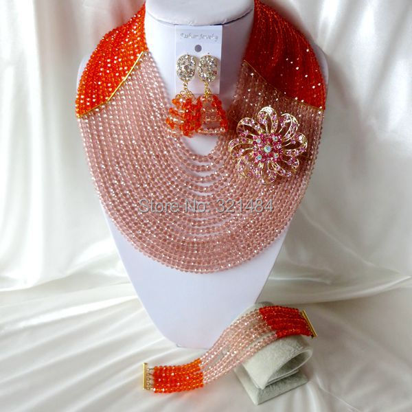 Fashion luxury Nigerian African Wedding Beads Jewelry Set 15 layers Orange Peach Crystal Necklaces Bracelet Earrings CRB-1076