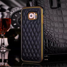Luxury Fashion Removable PU+Aluninum Case for Samsung Galaxy S6 Edge Diamond Pattern Gold Frame Phone Cover Accessories