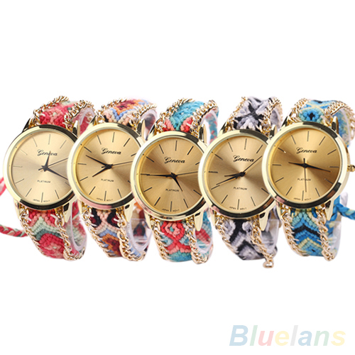 Women's Geneva Ethnic Cotton Blend Braided Analog Quartz Chain Bracelet Wrist Watch