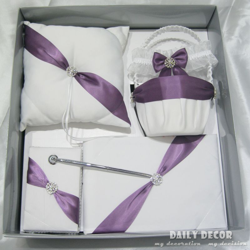 5pcs! A set of purple+ white wedding party accessories ( ring pillow + basket + signature pen + guest book + bridal garter )
