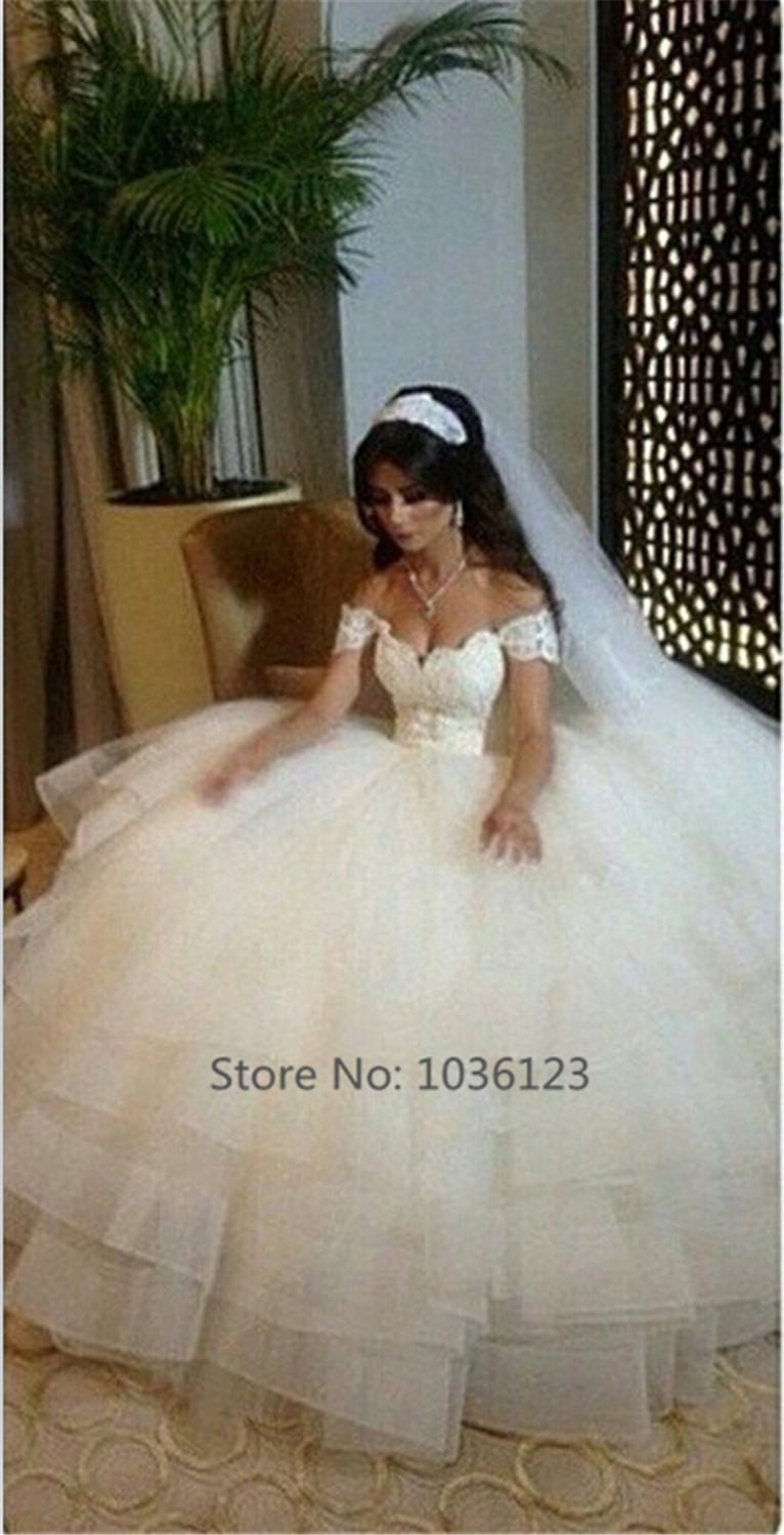 Vestidos de noiva New Wedding Bridal Gowns Off Shoulder Sweetheart Lace Appliques Ball Gown Tiers Floor
