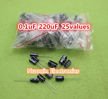 Free shipping 225Pcs 25 Values 0.1uF-220uF Electrolytic Capacitors Assortment Kit Set