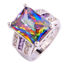 FREEWILL Wholesale Cocktail Mysterious Emerald Rainbow Topaz & White Sapphire silver plated Ring Size 7 8 9 10 Cocktail Jewelry