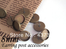 Bulk! 1000piece/lot Antique bronze earring post with pad 8mm bezel blank