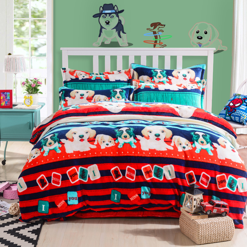 Dogs Pets Sweetie Kids Duvet Cover Set Flannel Bedding Sets Bed Sheets