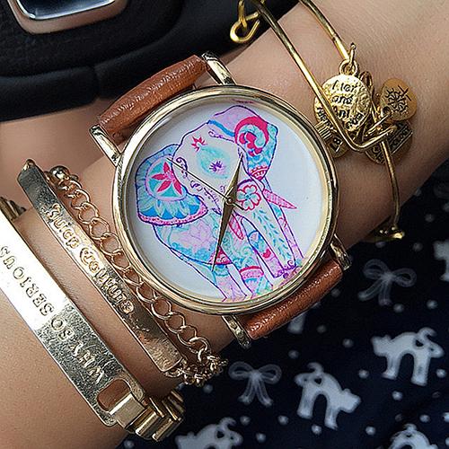 2015 Fashion Women's Elephant Pattern Dial Faux Leather Band Quartz Analog Casual Wrist Watch
