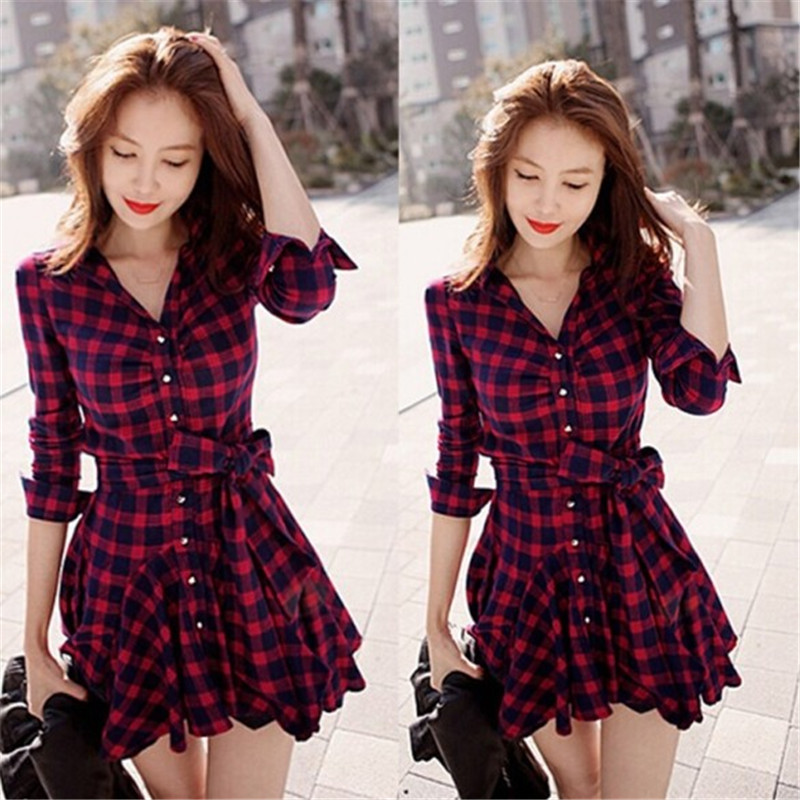 Women Mini Dress 2016 New Fashion Lapel Long Sleeve font b Tartan b font Plaids Checks