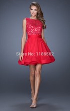 Cheap 2016 Homecoming Dresses A-line Scoop Short Mini Red Royal Blue Chiffon Appliques Lace Open Back Cocktail Dresses
