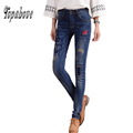 Women trousers Fashion Mid Waist slim Patchwork Long pencil Pants Ripped Jeans With Patches Retro Pants