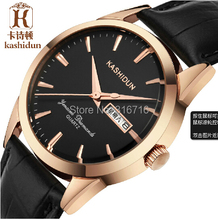 Reloj resistente al agua 100 M KASHIDUN cuarzo del Dial de zafiro relojes doble calendario ronda Casual relojes hombres reloj de pulsera de cuero