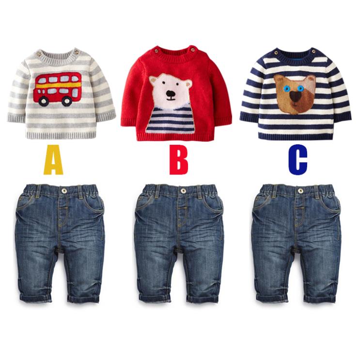 Casual Baby Suits Boys' T-Shirt striped Sweatshirt Tees Children's Outfits Sets jeans Denim T05