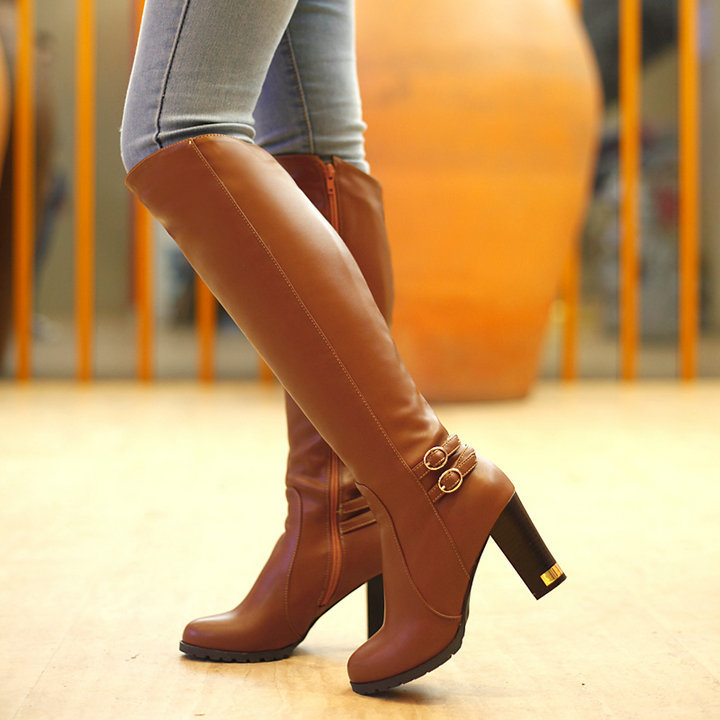 women boots Knee High Faux Leather mujer thick with High heeled fashion Knight boots high quality