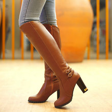 women Knight boots Knee-High side zipper ladies High-heeled shoes Fashion Boots Buckle thick with big size