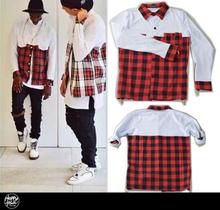 2016 Tyga Men Streetwear Shirts Side Golden Zipper Plaid Pockets Hip Hop Red White Flannel Shirt Tartan Casual Clothes