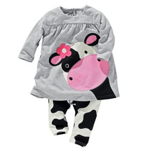 2016 winter hot sale baby girl clothes casual long-sleeved T-shirt+Pants suit Tracksuit the cow suit of the girls