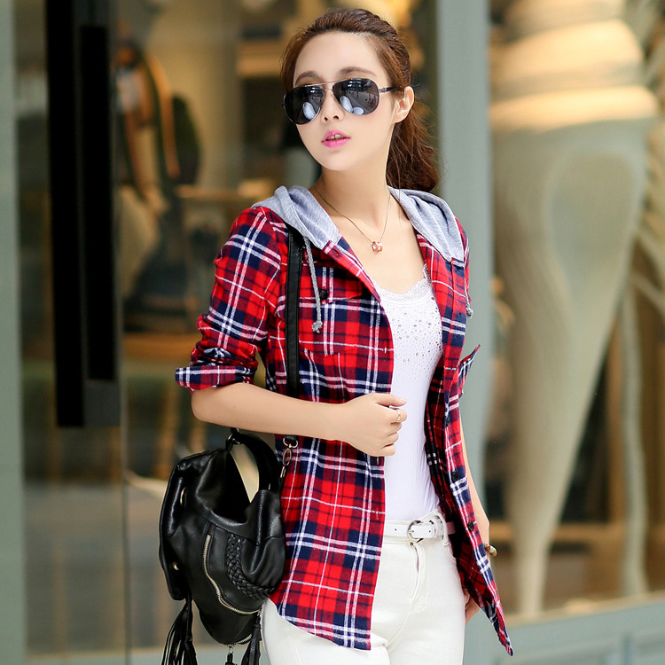 New Arrival 2015 Autumn Cotton Long Sleeve Red Checked Plaid Shirt Women Hoodie Casual Fit Blouse
