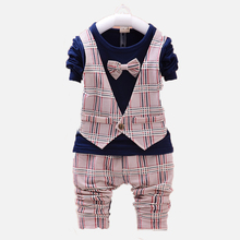 2016 Spring Autumn style ,Plaid 4 colors, Baby boy Clothes Suit, Long Sleeve Vest tie T-shirt + Pants 2 piece Clothing Set
