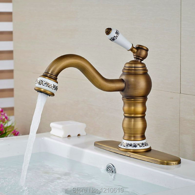 Newly Antique Brass Bath Sink Mixer Faucet Tap w/ Cover Plate Ceramic Basin Faucet Cold&Hot Water Tap