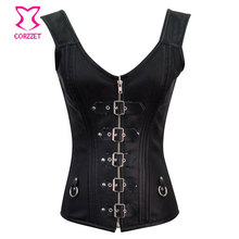 New Black Sexy Corset Leather Bustier Top Front Zip Up Steel Boned Steampunk Gothic Corsets Waist Training Korsett For Women