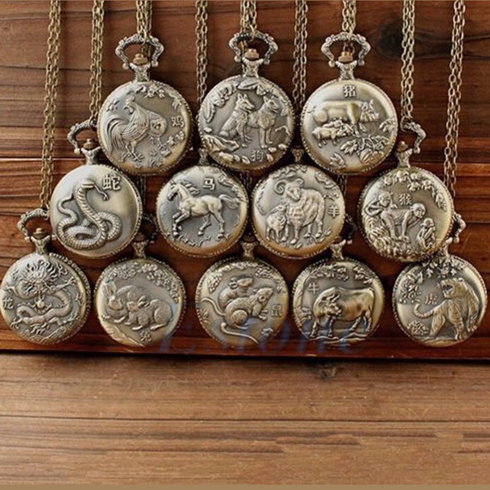 Vintage Women Men Chinese Zodiac Snake Dog Tiger Quartz Pocket Watch Necklace