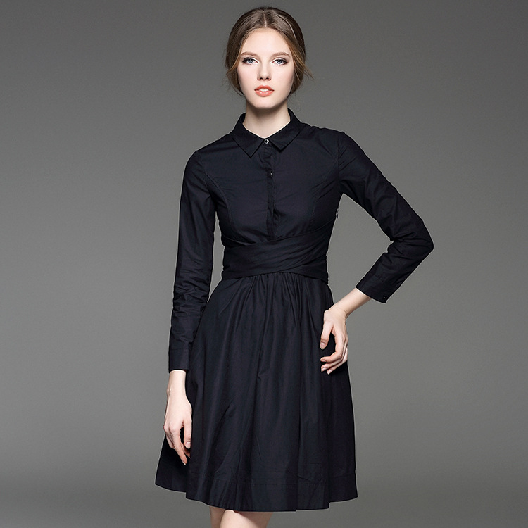 2016 European women's dress new spring solid Europe High Waisted  stitching up long sleeves