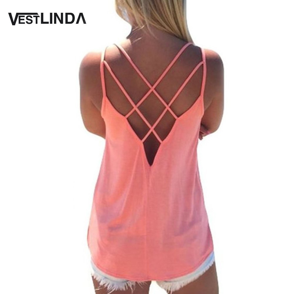 Summer 2016 Sexy Women Tank Top Ladies Camisole Sleeveless Strap Vest  Backless Tops Solid Criss Cross Loose Feminino Crop Top