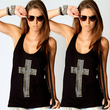 Hotsale New Retri Lady Girl Diamond Cross Vest Tops Hollow Back set Loose Shirt
