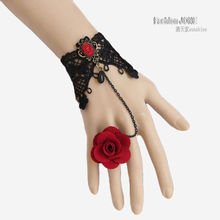 Womens Handmade Red Rose Bronze Metal Black Lace Flower Drop Adjustable Ring Bracelet Slave Set Lolita Gothic Ball Retro Bridal