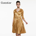 Clocolor Vintage dress Summer women Golden belt V neck Rockabilly Dress A line Cotton Blends Dress