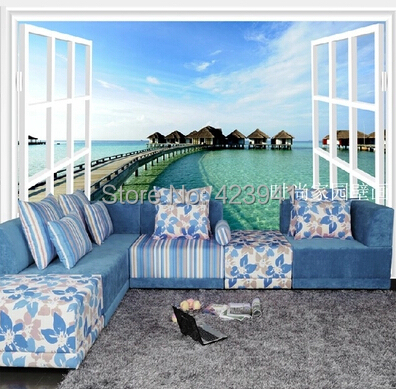 Can customized large 3d mural art  wall home decor bedroom Ocean island scenery space extension wall stickers wallpaper