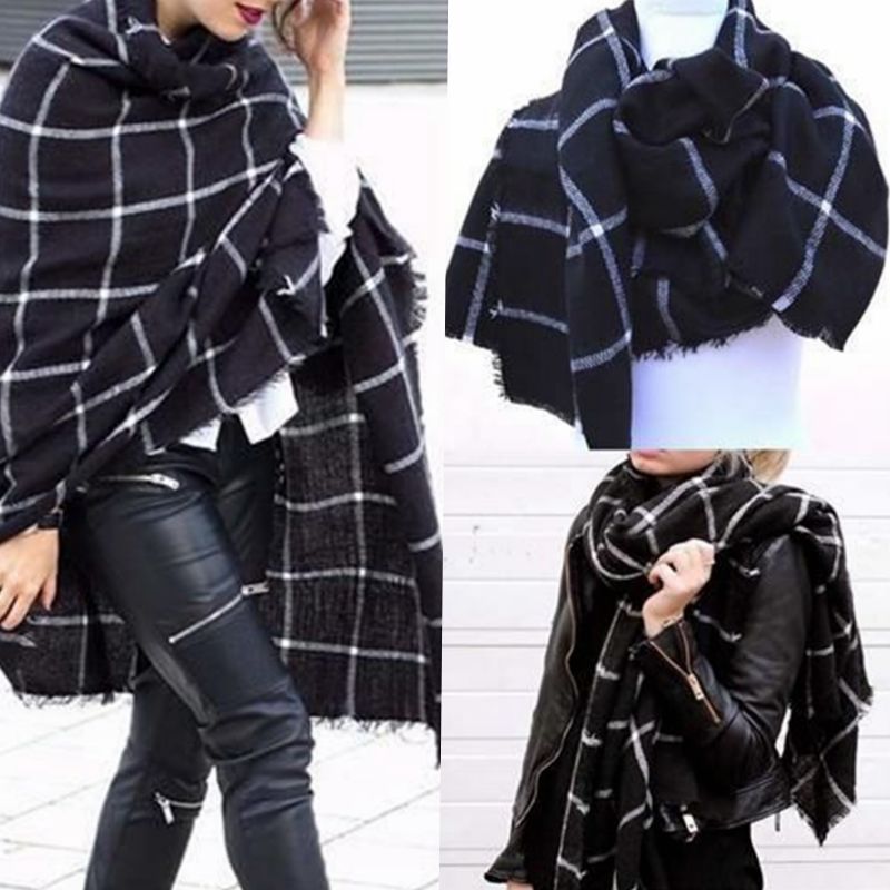 New Lady Women Blanket black white Plaid Cozy Checked Tartan Scarf Wraps shawl 