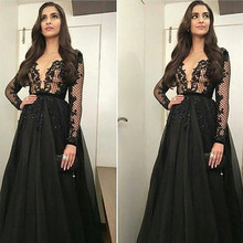 Gorgeous Long Sleeves Muslim Evening Dresses Arabic A Line Crystal Black Prom Dress 2016 Lace Prom Dress Party Formal Gown E68