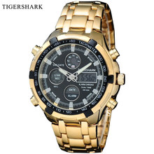 2016 Luxury Brand TIGERSHARK Men Wristwatches Sports Digital Quartz Analog LED Dual Time Watches Gold Steel Strap orologio uomo