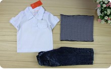 2015 summer boys denim clothing sets kids boys handsome short sleeved T shirt denim jeans scarf