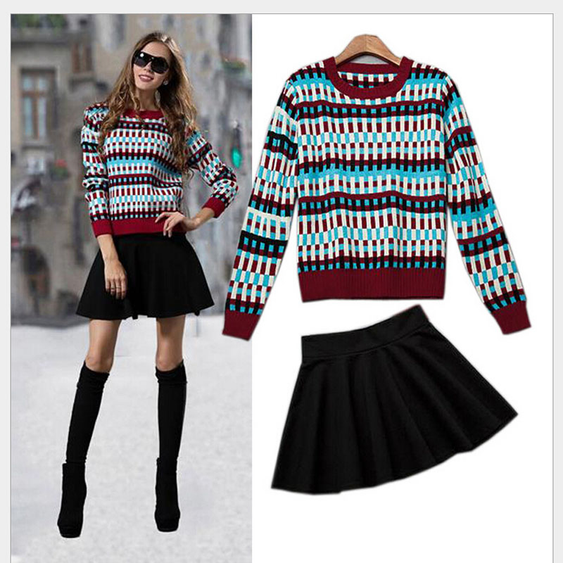 Women Sets Long-sleeved Knit Sweater + Solid  Skirt Patchwork Sweater Autumn Suit 50