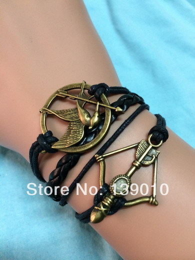 Free Shipping 6PCS LOT Hand woven Black Leather Wax Cord Arrow Hunger Game Bird Charm Bracelet