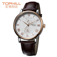 Tophill Summer Style hombres Classic reloj del cuarzo de la venda del cuero genuino hebilla de acero inoxidable de múltiples funciones cronógrafo