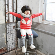 Free Shipping winter Baby Girls Lovely Children’s Clothing 2PCS Red Add Thick Long Sleeve Pullover Tops Blouses + Fox Plant Sets