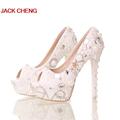 Handmade 14cm High Heels Platform Crystal Bride Formal Shoes Summer Peep Toe White Pearl Shoes Wedding