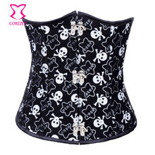 White Skull Print Black Underbust Steampunk Burlesque Corset Corselet Steel Bone Waist Trainer Sexy Korset Gothic Clothing Women