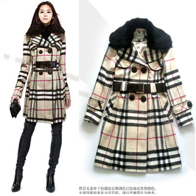 Free Shipping ! 2014 Winter Fashion New Brand Elegant Long Sleeve Fur Collar Classic Plaid British Style Trench Coat With Belt