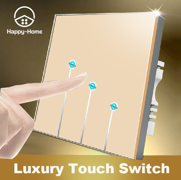 Gold Tempered Glass Touch Switch/Touch Light Switch/3 Gang 1 Way Switch/ Hand Touch Control Wall Switch/Free Shipping