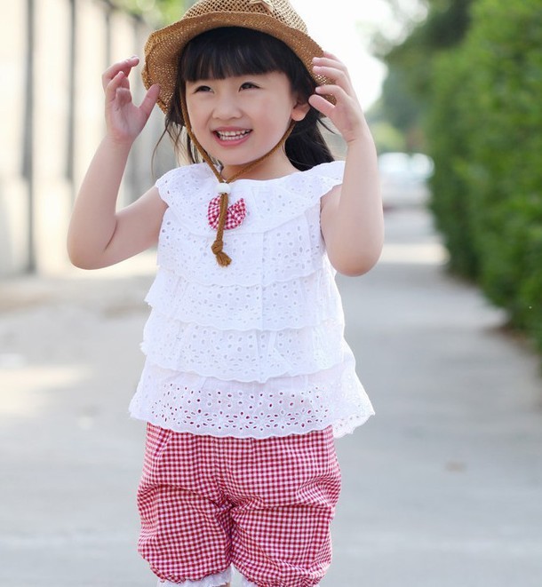 Summer Style Lace T Shirt And Lattice shorts Pants Children Clothing Set Girl Clothes Set