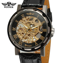 Winner 2014Mechanical men new wristwatch skeleton black color black leather band shipping free