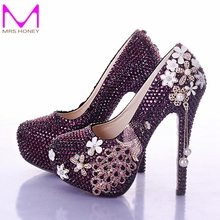 Handmade Purple Rhinestone Wedding Shoes Phoenix 2016 Newest Fashion Prom Party Formal Dress Shoes Bridesmaid High Heels Pumps