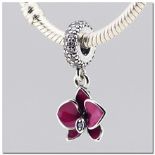 Authentic 925 Sterling Silver charms fit pandora charms orchid dangle with clear and purple CZ and purple enamel FL232