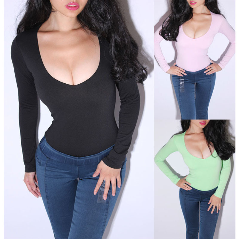 Freeshipping Fashion Sexy Tight Deep V Neck Low Cut Solid Color