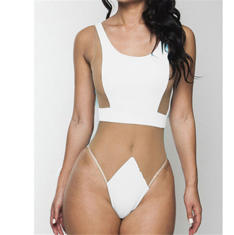 Sexy White Nude Lace Thong One Piece Swimsuit 2015 Swimwear Women High Waist Bathing Suit Bandage